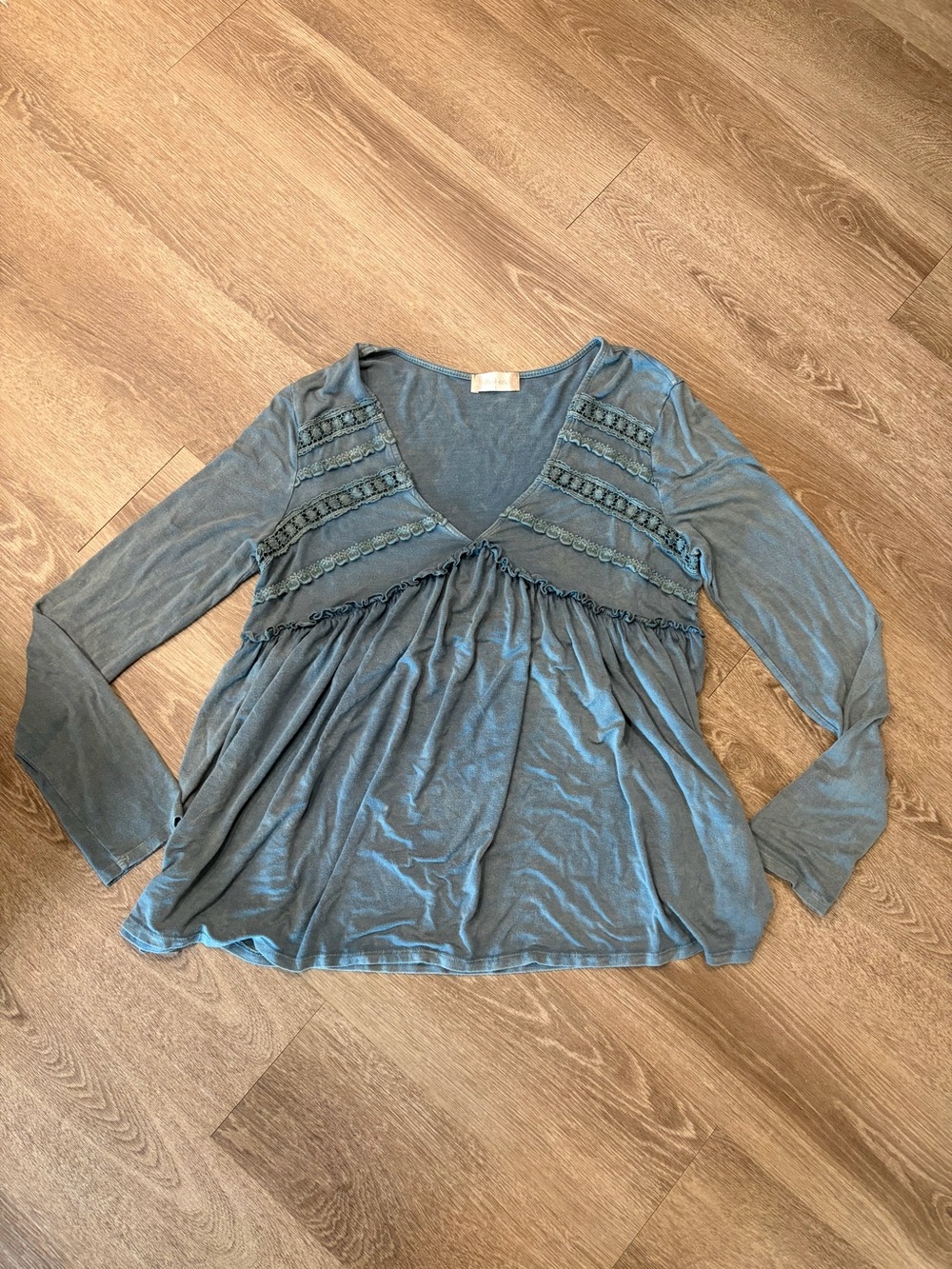 Altar'd State Slate Blue V-Neck Long Sleeve Ruffle Detail Top